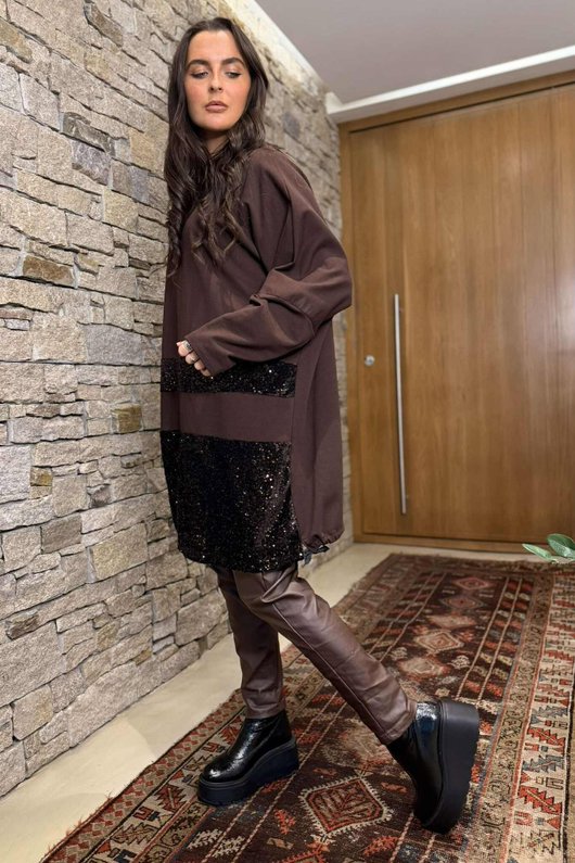 Oscar Immy Sequin Panel Sweatshirt Tunic Chocolate 